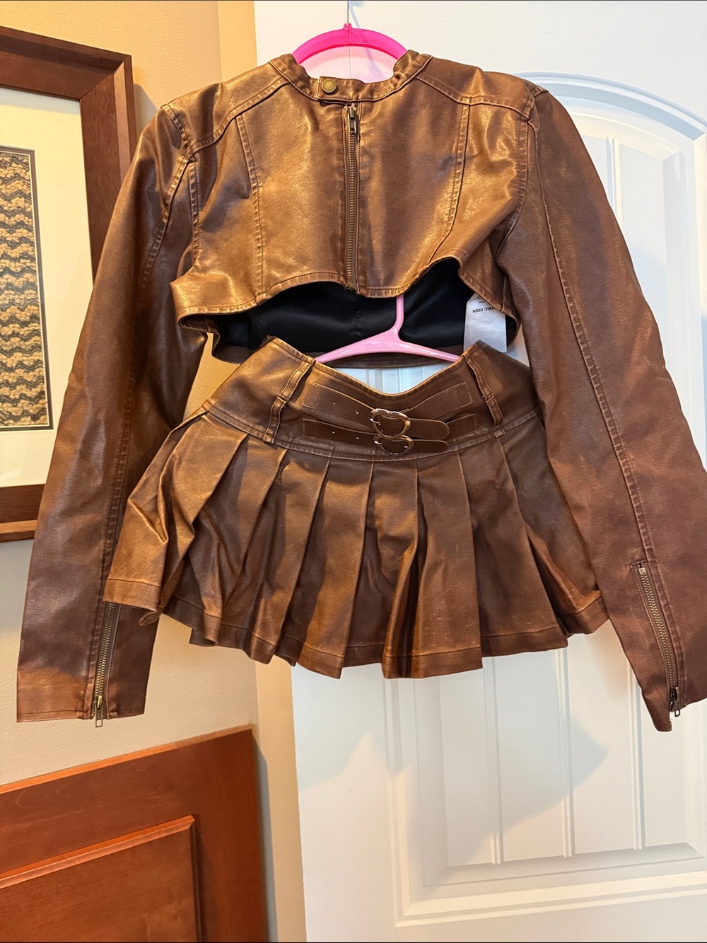 Aelfric Eden Brown Faux Leather Cropped Jacket and Pleated Mini Skirt Set